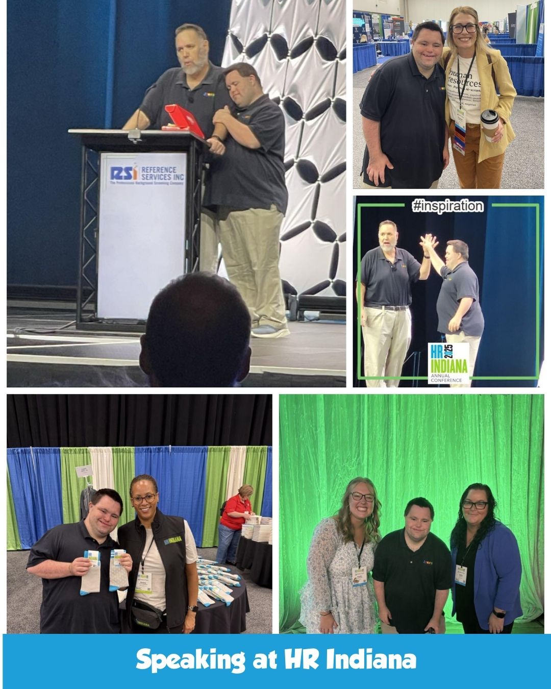 A collage of photos of John and Markspeaking at HR Indiana