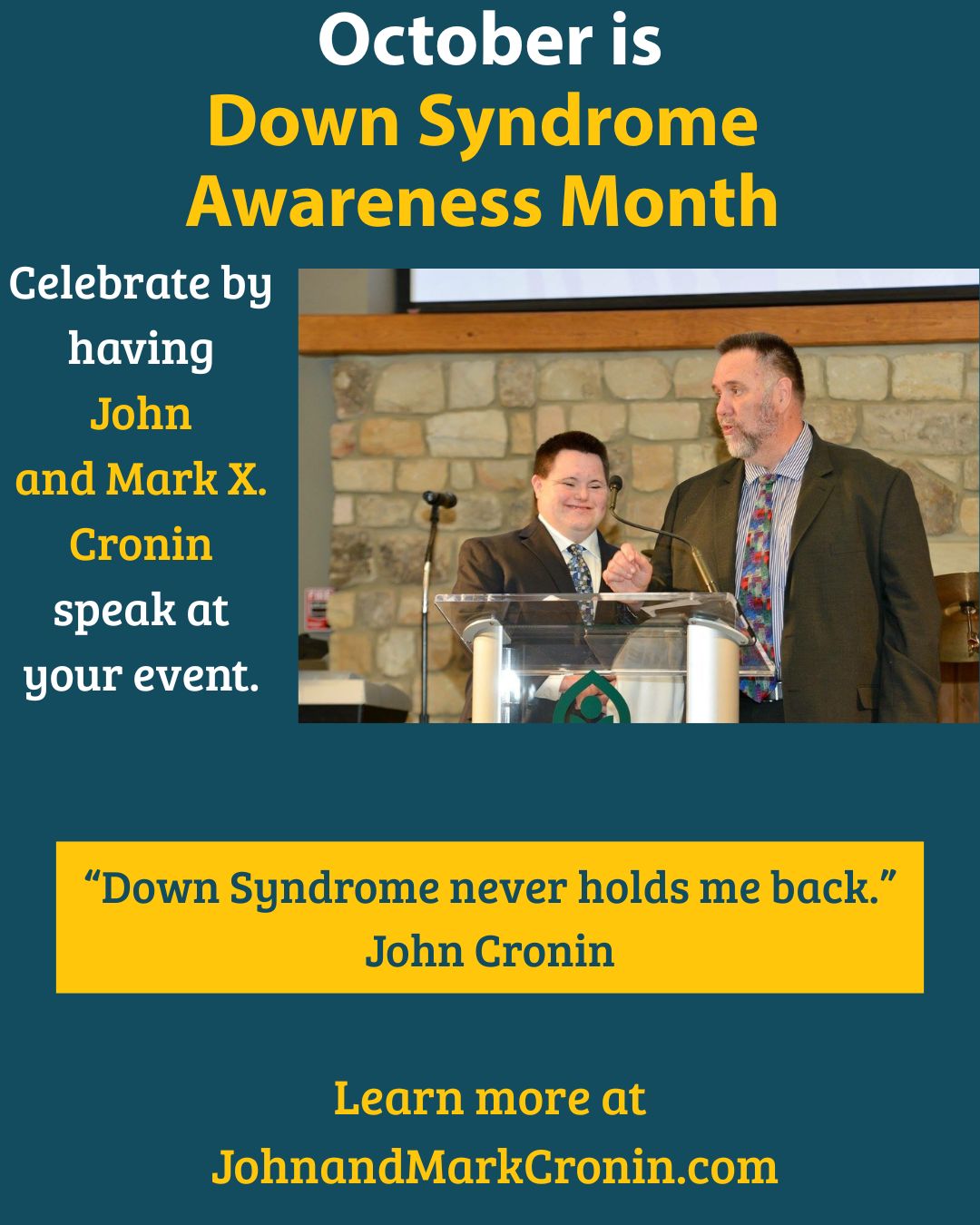 John and Mark speaking at a dinner. celebrating Down syndrome awareness month