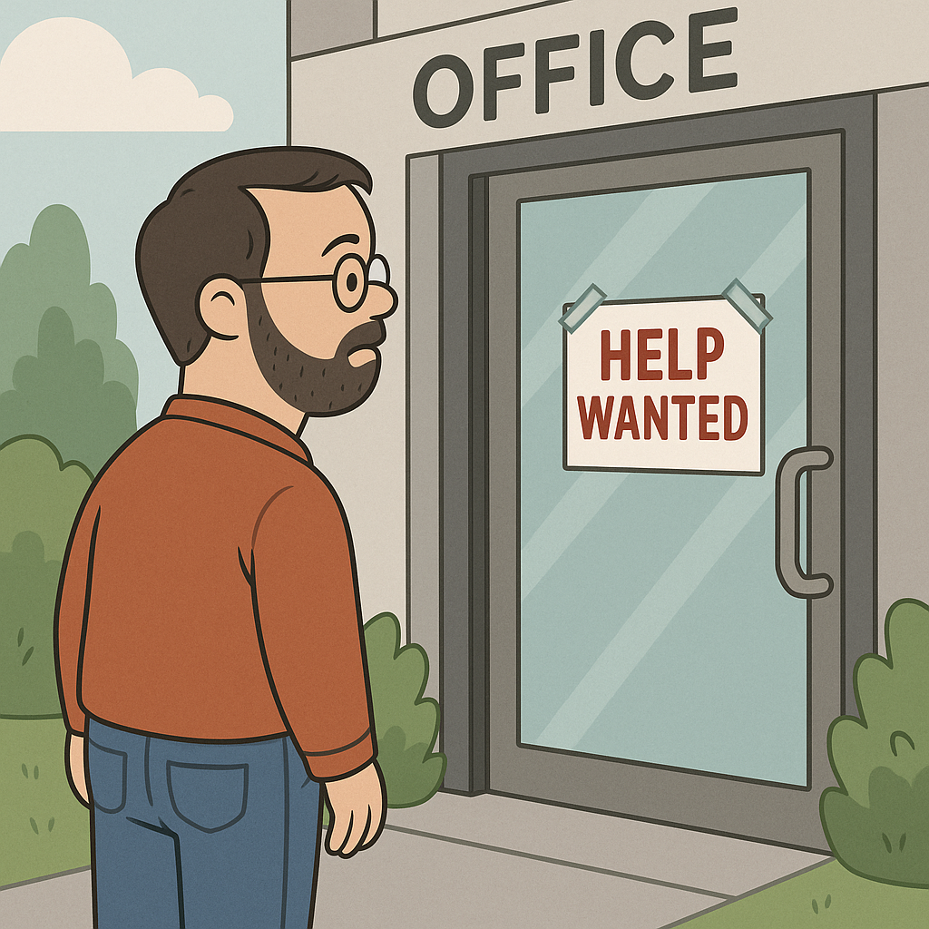 picture of a man standing in front of an office door with a sign Help Wanted
