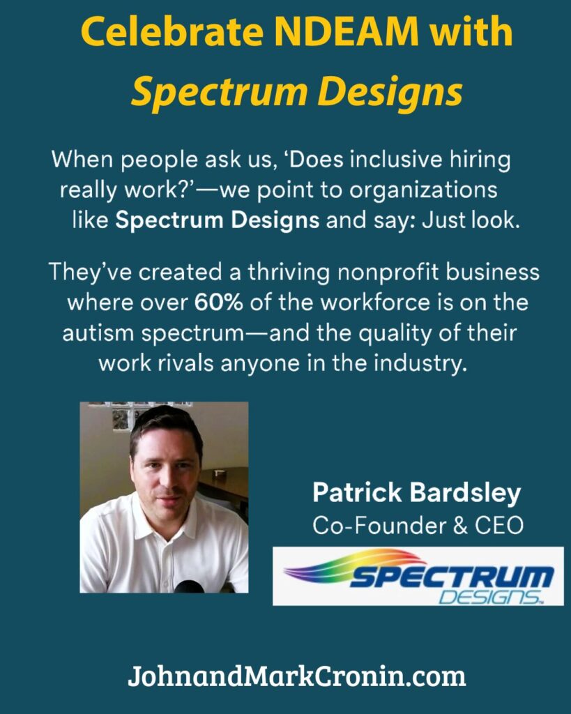 quote about inclusive hiring at Spectrum Deisgns and a picture of their leader, Patrick Bardsley