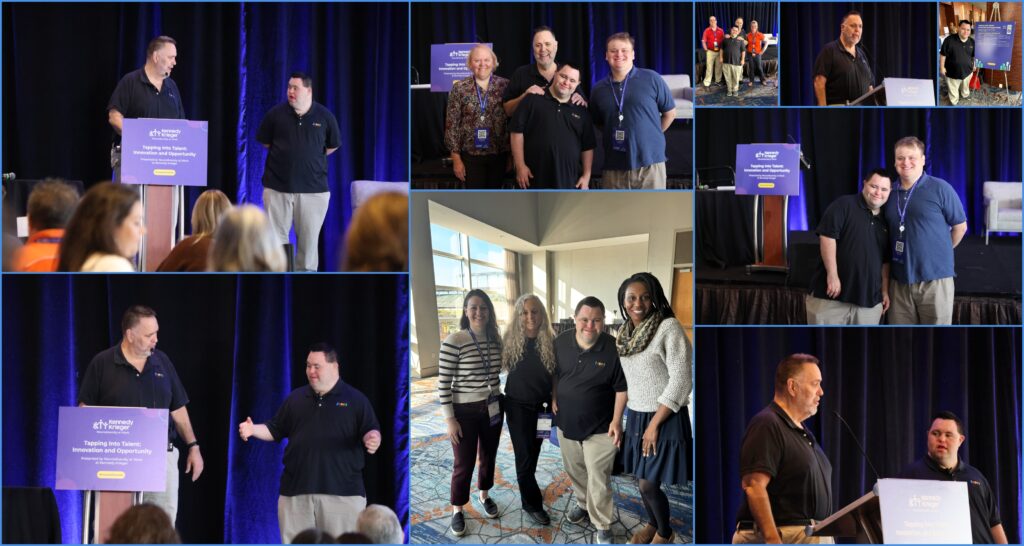 Collage of photos of JOhn and Mark speaking and meeting with conference attendees