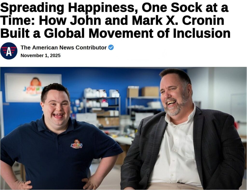 article headline: Spreading Happiness, One Sock at a Time with a photo of John and Mark smiling