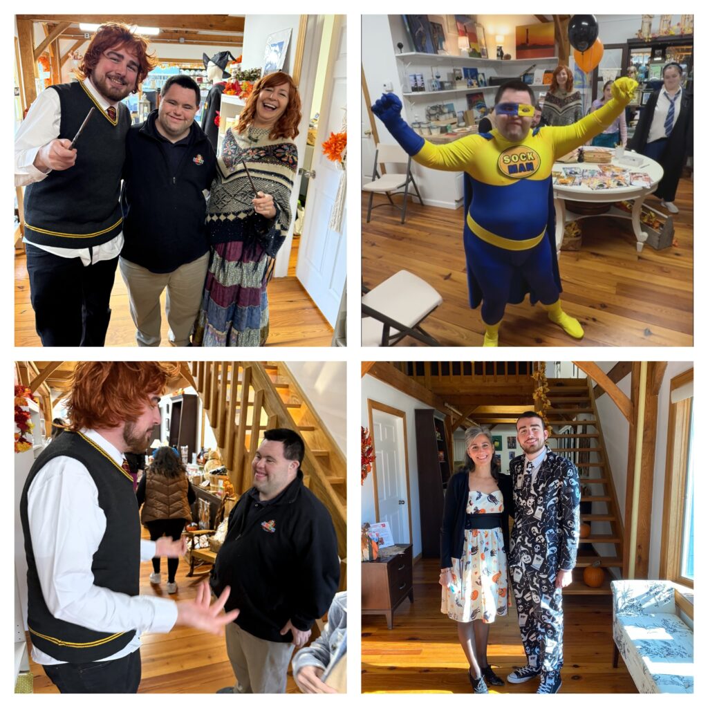 collage of photos iN one, Sean, dressed as Ron Weasley, greets John. Next to it, is John dressed as his superhero, Sock Man, then John with Theresa and Seana and then a photo of Sean and Theresa