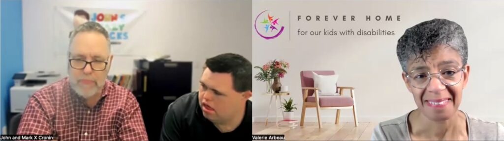 a split screen shwoing JOhn and Mark on one side and the podcast host, Valerie Arbeau on the other.