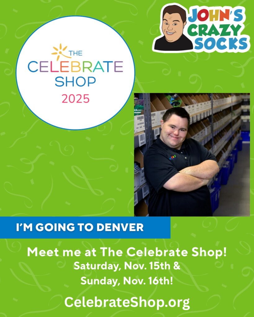 a poster with a green background and a picture of John saying he will be at Celebrate Shop in Denver on Saturday, November 15